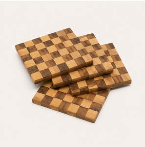 Wholesale Handcrafted Checkerboard Wooden Coaster Set Of 4 Heat-Resistant Non-Slip Coffee <b>Cup</b> <b>Mat</b> Eco-Friendly Sustainable Wood - Product Image 3