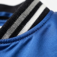 Blouson Bomber Unisexe en Satin de Soie 100% Bleu Royal, Couleur Unie, Boutons sur le Devant, Col Montant Rayé, Poignets Légers