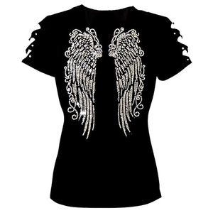 เสื้อยืดแขนสั้นผู้หญิงผ้าแคนวาสผสมโพลีเอสเตอร์/คอตตอน ระบายอากาศได้ดี ตกแต่งด้วยคริสตัล  คุณภาพสูง ขายส่ง ปรับแต่งได้ - Product Image 1
