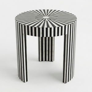 Taburete Lateral Artesanal con Incrustaciones de Hueso a Rayas Blancas y Negras, Patrón Óptico Geométrico, Taburete Decorativo de Lujo, Artesanía India, Venta al por Mayor - Product Image 3