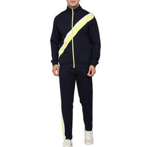 Chándal Azul Marino para Hombre con Franja Diagonal Amarilla Neón, Diseño Deportivo con Cierre Completo, Corte Regular, Ropa de Otoño Transpirable - Product Image 1