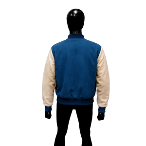 Chaqueta universitaria de lana azul real personalizada con mangas blancas crema para hombre, chaqueta bomber de béisbol Letterman premium al por mayor, clásica - Product Image 2
