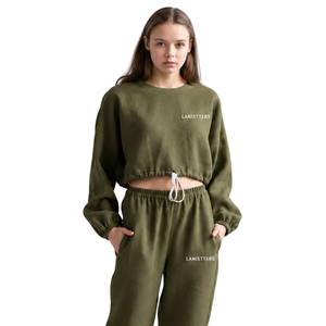 Womens Cropped Crew Neck Sweatshirt <b>Trousers</b> Tracksuit Set Casual Fleece Two Piece Lounge Outfit Elastic Waist Cuffed <b>Trousers</b> - Product Image 3