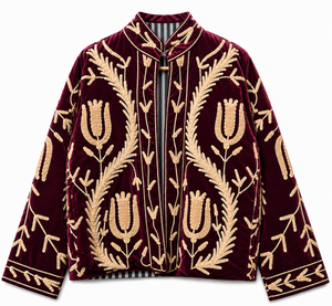 Purple <b>Velvet</b> Woven Embroidered Autumn/Winter/Spring <b>Jacket</b> Stand Collar Zipper <b>Women</b> Outerwear Floral Pattern Polyester/Cotton - Product Image 5