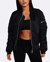 Blouson Bomber Femme Noir Hiver Tissé Satiné Décontracté Zippé Rembourré Coupe-Vent Léger avec Poches aux Manches Oversize