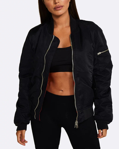 Blouson Bomber Noir Femme en Satin, Veste Décontractée Zippée Rembourrée Coupe-Vent, Manches Oversize avec Poches, Légère - Product Image 1
