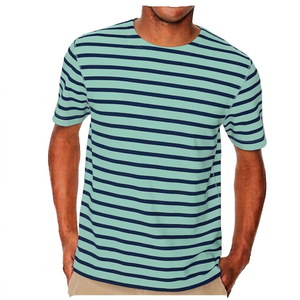 Men's Striped Short Sleeve T-Shirt O-Neck Knitted Casual Top Teal <b>Navy</b> Patterned Design Men's T shirt - Product Image 1