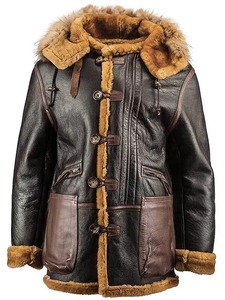 <b>Mens</b> Brown Leather Hooded B7 <b>Shearling</b> <b>Jacket</b> - Product Image 1