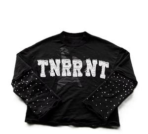 Customize Acid Wash Distressed Patchwork Embroidery Double Layer Long Sleeve T-shirt Rhinestone Printed Cotton T Shirt - Product Image 6