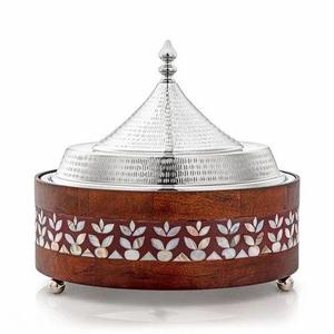 Stainless Steel Insulated Casserole Dish Wooden Inlay Round Food Warmer with Lid for Buffet Restaurant Catering - Product Image 1