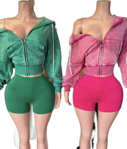 Conjunto de 2 Piezas para Mujer, Top Corto con Capucha y Cremallera, con Pantalones Cortos, Color Sólido, Estilo Deportivo, Primavera Verano, Tejido de Punto, Spandex, Poliéster - Product Image 3