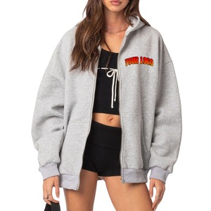 เสื้อฮู้ดปักลาย 3 มิติ ขายส่ง เสื้อผ้ากีฬาฤดูหนาวสำหรับผู้หญิง เสื้อสเวตเชิ้ตแบบกลับด้านได้ สไตล์ลำลอง ผ้าเฟรนช์เทอร์รี่ ทรงหลวม ซิปหน้า - Product Image 1