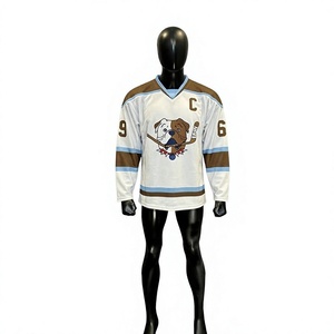 Custom Ice Hockey Jersey Men's White Brown Cartoon <b>Dog</b> Front 69 Shore Sublimated V-Neck Full Sleeve Polyester Breathable - Product Image 2