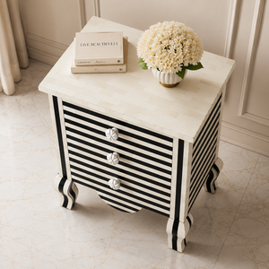 <b>Black</b> White Bone Inlay Handmade Durable Multifunction Nightstand Floral Design Scalloped Legs Storage for Home Office Hotel - Product Image 5