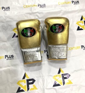 Guantes de Boxeo Personalizados OEM con Cordones, de Cuero Vacuno Genuino, en Dorado y Plateado Metálico, con la Frase 'No Boxing No Life', Modelo CP-BG-274 - Product Image 6