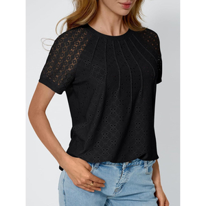 Women's Gray Crew Neck T-Shirt Lace <b>Raglan</b> Sleeves Solid Color Casual Summer <b>Top</b> Breathable Knitted Fabric Polyester 180g - Product Image 5