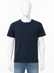 เสื้อยืดเฮนลีย์แขนสั้นสีน้ำเงินกรมท่าสำหรับผู้ชาย ผ้าฝ้าย 100% ทรงโอเวอร์ไซส์ สีพื้น ผ้าเจอร์ซีย์ถัก คอโอ แบบเรียบ ไม่ยับ - Product Image 4