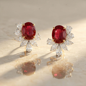 Pendientes de Oro de 18K de Lujo con Rubíes y Diamantes en Forma de Flor, Joyería para Mujer, para Bodas - Product Image 1