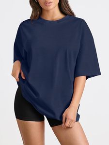 T-shirt ample en jersey 100 % coton bleu marine uni à col rond et manches courtes pour femme – Respirant et décontracté, idéal toutes saisons - Product Image 1