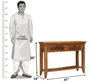 Modern Carved Solid Wood Console <b>Table</b> with 2 Drawers |Geometric Lattice Wooden Entryway <b>Table</b> |B2B Wholesale India - Product Image 3