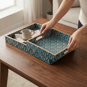 Wooden Serving <b>Tray</b> Set of 2 with Handles Square Decorative <b>Tray</b> Waterproof Tea Coffee <b>Snack</b> <b>Tray</b> Available for Restaurant Usage - Product Image 4
