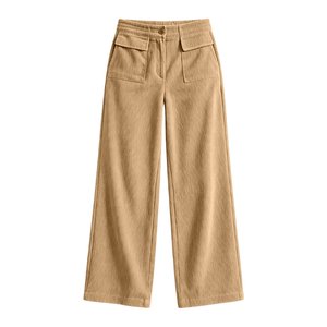 Pantalon large en velours côtelé taille mi-haute pour femme, couleur unie, coupe décontractée, poches utilitaires plates, longueur intégrale, style automne - Product Image 1
