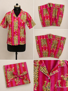 Conjunto de Pijama con Estampado de Tigre y Rayas para Mujer, Camisa de Manga Corta de Algodón, Pantalones Cortos, Pijama Informal, Conjunto Coordinado Hecho a Mano - Product Image 5