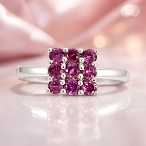 Luxury 925 Sterling Silver <b>Rhodium</b> Finish Pink Round Cut Stone Cluster Statement <b>Ring</b> with Polished Band for Women - Product Image 3