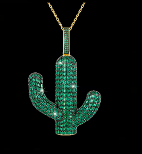 Collier pendentif hip-hop en moissanite Cactus, breloque verte, plaqué or sur argent, cadeau pour bijoux de fête - Product Image 1