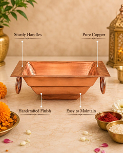 Bol en cuivre fait main Havan Kund avec motif carré et poignées latérales, pour rituels de Yagna et Homa, pour Pooja, mariages religieux - Product Image 4