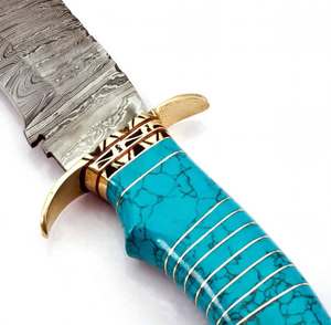Couteau utilitaire d'extérieur artisanal en acier Damas avec manche en pierre turquoise et garde en laiton, outil de travail manuel - Product Image 5