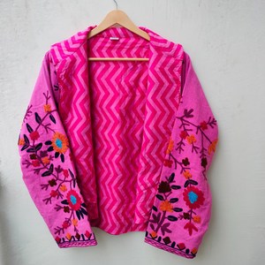 Handcrafted Pink Velvet Suzani Embroidery Woven <b>Quilted</b> Eco-Friendly Jacket Festive Winter Wear Premium Breathable Boho Kimono - Product Image 1