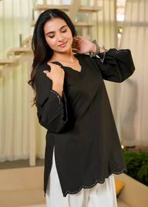 Kurta en coton noir pour femmes avec pantalon palazzo blanc, coupe ample, vêtements ethniques décontractés, style Inde Pakistan, toutes saisons - Product Image 6