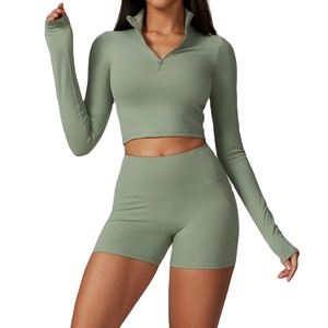 Women's Fitness Yoga Set Long Sleeve Zipper T Shirt Top High Waist Leggings Short Sport Suit Running Sportsswear Tracksuits-2pcs - Product Image 1