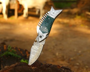 Damascus Steel Folding Pocket <b>Knife</b> <b>Fish</b> Shape Handle Handmade EDC Camping Hunting Utility Blade - Product Image 4