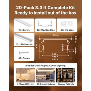 Confezione da 20 Profili LED a U da 1M (3,3 Ft) in Alluminio con Copertura Opaca e Tappi Terminali, Clip di Montaggio, Accessorio per Profili LED - Product Image 4