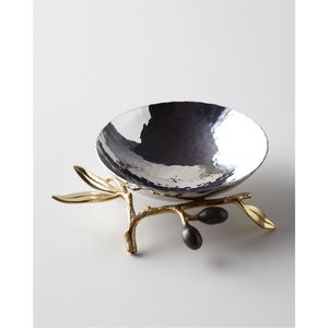 Cuenco de Servir de Metal Martillado de Lujo con Base de Rama con Hojas Doradas |   Elegantes Tazones para Ensalada de Frutas como Centro de Mesa para Decoración del Hogar y Bodas - Product Image 2
