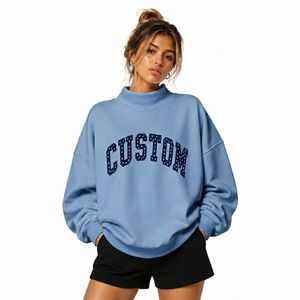 Sweat-shirt oversize à col roulé pour femme, bleu clair, en coton, épaules tombantes, imprimé lettres, style automne, col montant - Product Image 1