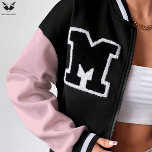 Women’s Black and Pink Letterman <b>Jacket</b> Embroidered M <b>Patch</b> Full Sleeve Zipper Front Turn Down Collar Casual Autumn Varsity Wear - Product Image 3
