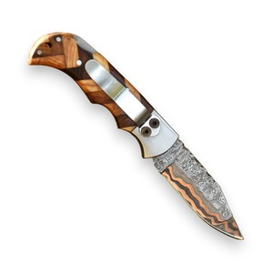 Nordic Forge Copper Damascus Steel Industrial Grade Folding <b>Knife</b> Back <b>Lock</b> Olive & Rosewood Handle Pocket Clip Sheath OEM EDC - Product Image 3