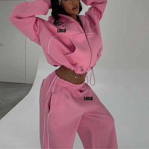Ensemble de survêtement 2 pièces pour femme, rose, avec sweat à capuche zippé et pantalon de jogging, coupe ample, manches longues, couleur unie, décontracté, pour l'automne - Product Image 2