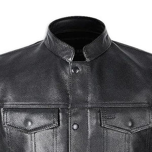 Chaleco de Cuero Genuino para Hombre, Cuello Alto, Cierre de Botones, Estilo Motero, Resistente al Viento, Ropa de Abrigo para Otoño - Product Image 4