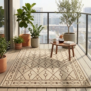 Tapis géométrique moderne en laine/coton, rectangulaire, ivoire et marron, à poils moyens, tufté, avec envers antidérapant en latex, résistant aux taches, pour salon - Product Image 6