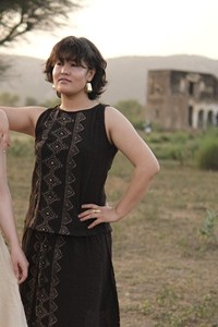 Brown Cotton Sleeveless <b>Kurti</b> for Women Handcrafted Ethnic Top with Geometric Tribal Print Boat Neck Minimalist Short Kurta - Product Image 2