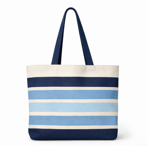 Grand sac fourre-tout en toile personnalisé, rayé bleu et blanc, avec poignée épaule, réutilisable, pour la plage et l'usage quotidien - Product Image 1
