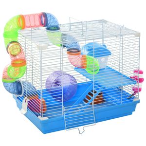 Gabbia Blu a 2 Piani per Gerbilli e Criceti con Vassoio in Ferro, Bottiglia d'Acqua, Ciotole per Cibo, Portatile e Anti-Infortunio per Conigli - Product Image 1