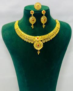 Women's 24K Gold Plated <b>Statement</b> <b>Necklace</b> Set With Red Cubic Zirconia Floral Design For Wedding And Party Wear - Product Image 1
