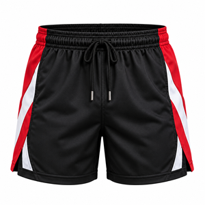Pantalones Cortos Deportivos de Secado Rápido para Hombre con Rayas Laterales, Cintura con Cordón Ajustable, Corte Medio, Bloques de Color Negro, Rojo y Blanco, Pantalones Cortos de Malla - Product Image 1