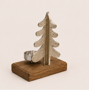 Handmade Christmas Tree Metal <b>Tea</b> Light Candle Holder With Rustic Wooden Base Premium Silver Aluminum Xmas Table Centerpiece - Product Image 5