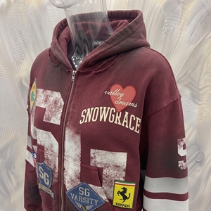 Sweat-shirt à capuche zippé pour homme Snowgrace, style streetwear oversize, design patchwork, couleur bordeaux, mode automne - Product Image 5